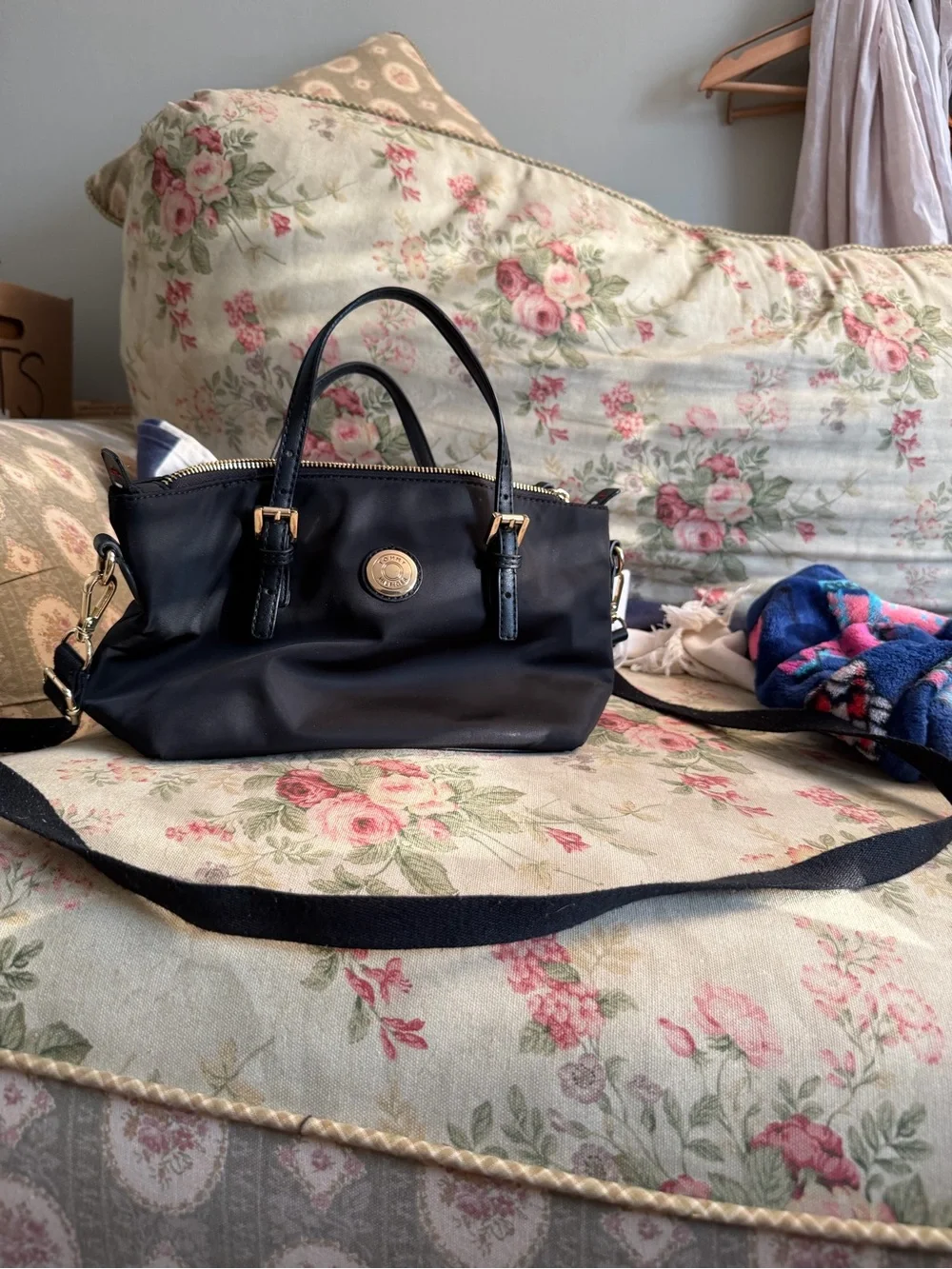 Tommy Hilfiger Black Satchel with Gold-Tone Medallion
